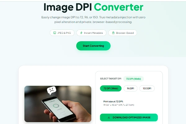 DPI Converter tool interface showing upload zone and DPI selector