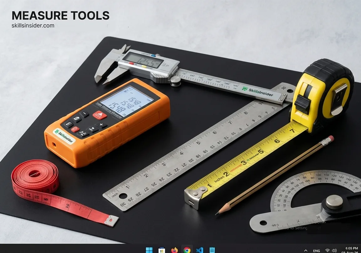 Ruler, tape measure, digital caliper and laser distance meter used for real-world length measurement