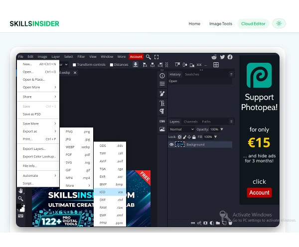 photopea-editor interface showing layers, filters, and image canvas